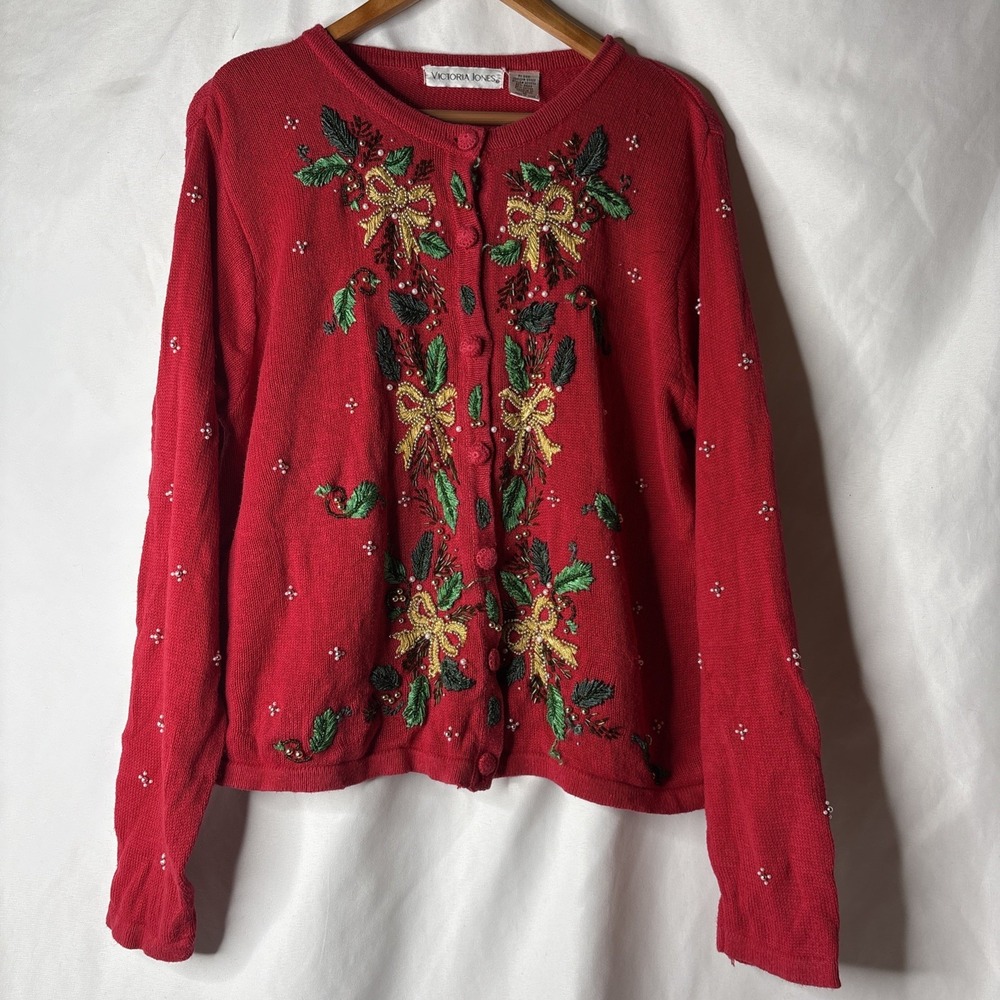 Vtg Victoria Jones Womens M Christmas Holiday Cardigan Sweater Beads Bows Red